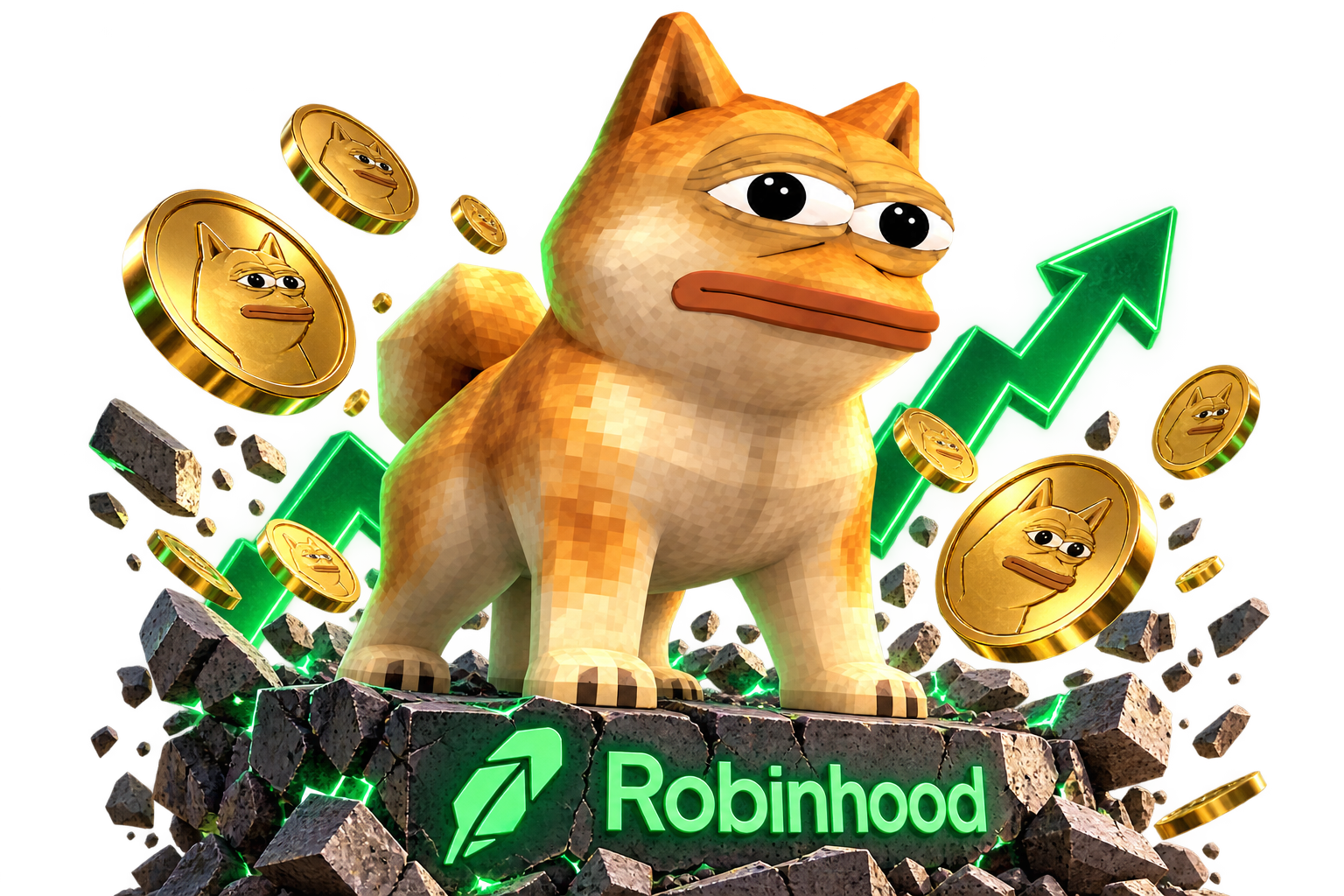Doge Pepe, a golden low-poly Shiba with Pepe's sleepy eyes and flat mouth, standing on a stone platform with gold coins and a green Robinhood mark